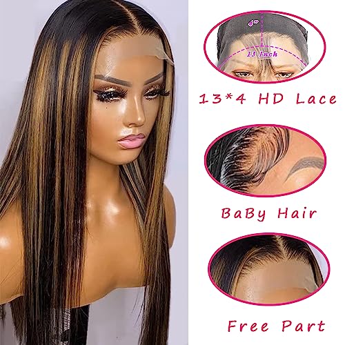 Mssunlight 26 In Ombre Lace Front Human Hair Wigs For Women 180% Density Straight Brazilian Virgin Hair Black To Honey Lace Frontal Wigs 13X4 Hd Swiss Lace Natural Hairline Bleach Knots #TOP1