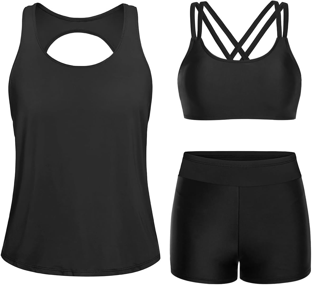 Tankini Swimsuits for Women 3 Piece Bathing Suits Swim Tank Top with Boy Shorts and Bra Modest Swimwear, Black, Small-image-36