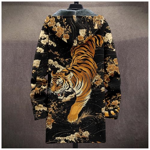 Mens Dragon Graphic Vintage Fleece Jacket Hooded Cardigan Zip Up Japanese Long Coat Tiger Print Outwear with Pockets3