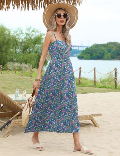 Image of Zeagoo Women's Summer Casual Boho Sundress Spaghetti Strap Square Neck Flowy Midi Dresses A Line Beach Dress with Pockets