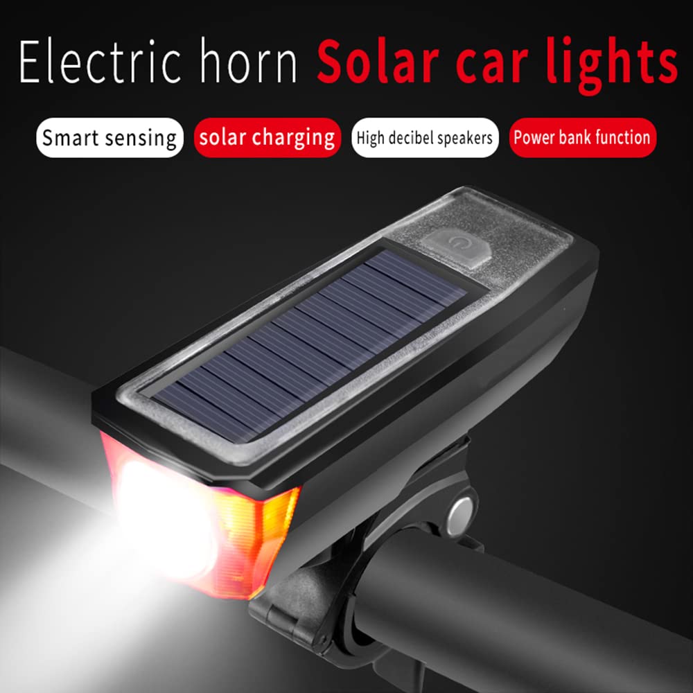 Phare de vélo, klaxon, Lampe multifonctionnelle Rechargeable par USB et à énergie Solaire, étanche, Accessoires de vélo