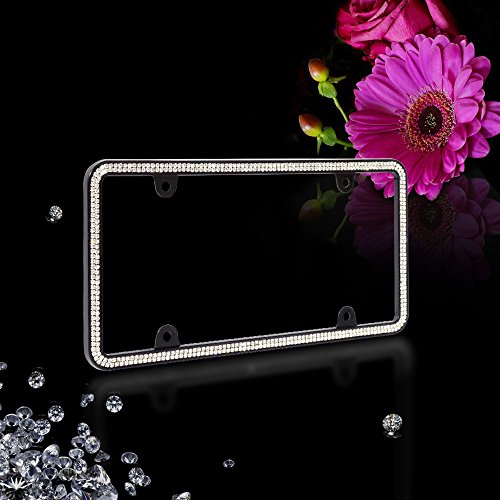 Jr2 Brilliant Sparkling Crystals Black Metal License Plate Frame+Free Cap+Free Screw (Black Frame+White Crystal) #TOP1