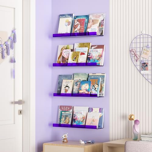 Image of upsimples 4 Pcs 15 inch Acrylic Shelves for Wall Decor and Display, Purple | Cute Floating Shelf for Perfume, Skincare, Nail Polish, Wall Organizer for Bedroom, Living Room, Playroom, Room Decor