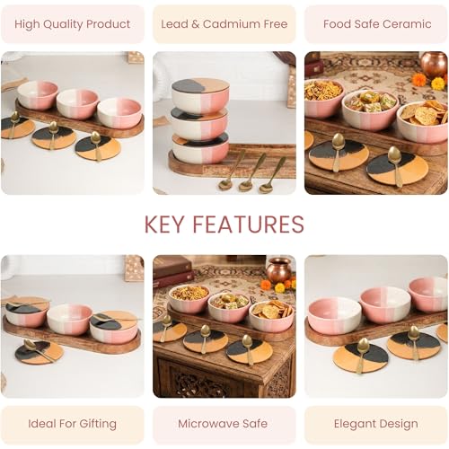 Image of The Earth Store TT Pink Matte Ceramic Bowl Serving Set - 3 Bowls (500ml Each) with Wooden Tray, 3 Spoons & 3 Multipurpose Lids /Coaster - for Snacks, Curries, Desserts & Fruits | Diwali Gift