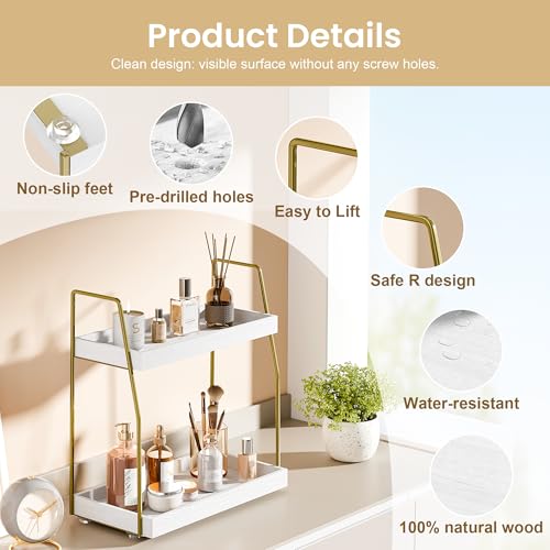 Image of Bathroom Countertop Organizer, Counter Organizer for Bathroom Decor | Wooden Sink Shelf for Vanity Storage, Makeup Tray for Perfume Skincare Bedroom Kitchen Coffee Bar (2 Tier, White and Gold)