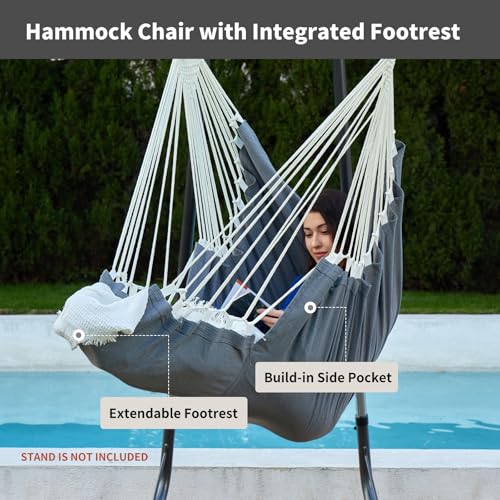 Image of CHULIM Hanging Hammock Chair Swing MAX 500 lbs Outdoor Hanging Chair with Footrest Indoor Swing Chair with Portable Steel Spreader Bar and Hardware Kit for Bedroom Living Room Patio Porch - Dark Grey