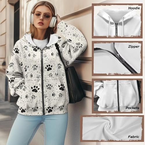 Suhoaziia Kapuzenpullover mit Reißverschluss in Übergröße für Damen, langärmelige Sweatshirt-Jacken, Herbst/Winter-Outfits, modische Kleidung, Mantel, Hundepfoten, M