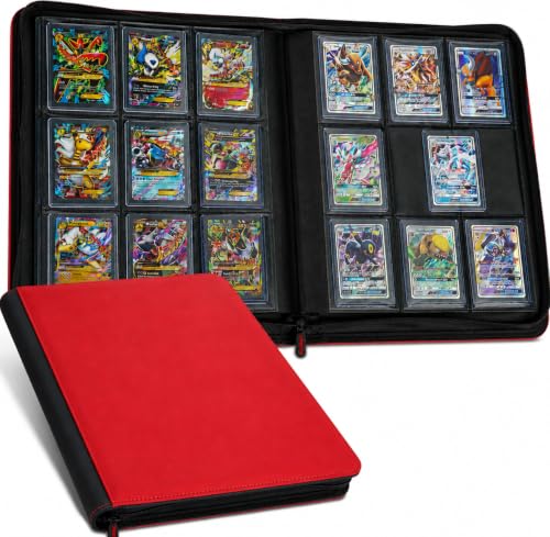 PREZA Toploader Binder - Holds 216 Top Loaders - 9 Pocket Trading Card Storage- Trading Card Binder for Storage (Red)