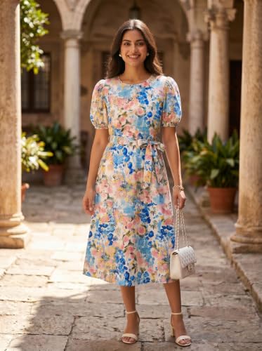 Image of HELLCAT Women Floral Fit & Flare Midi Dress | Round Neck, Puff Short Sleeve, Waist Tie-Up Belt | Casual Brunch Wear, Western One Piece, A-Line Long Frock, Summer Party Outfit