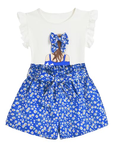 Image of Toddler Girl Clothes 2 Piece Girls Outfits Set Print Bow Top and Belted Ditsy Floral Shorts for Spring Summer