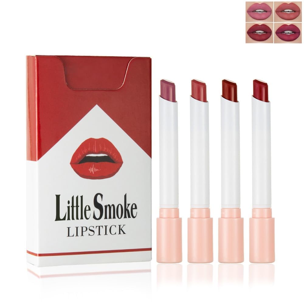 4Pcs Cigarette Case Lipstick Long-Lasting Non-Sticky Matte Nude Lipstick Set Lightweight Mini Velvety Lip Gloss Little Smoke Tube Style Lip Tint Festivals Gift (B)