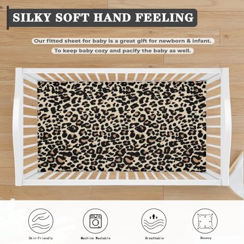 Image of Brown Leopard Baby Crib Sheets for Boys Girls Animal Print Fitted Crib Sheet for Standard Crib and Toddler Mattress Animal Skin Baby Mattress Sheets Toddler Bed Sheet 52x28x8 in