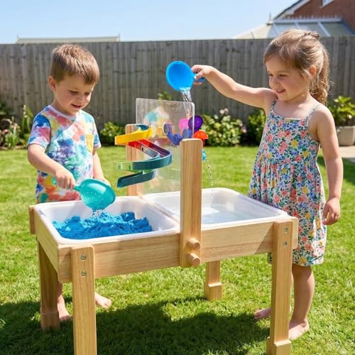Image of Sand and Water Table for Toddlers, Wooden Activity Sensory Table | Kid Outdoor Toys with Painting PS Board, 2 Collapsible Bins, Beach Accessories, 4 Washable Paint Crayons and Waterproof Cover