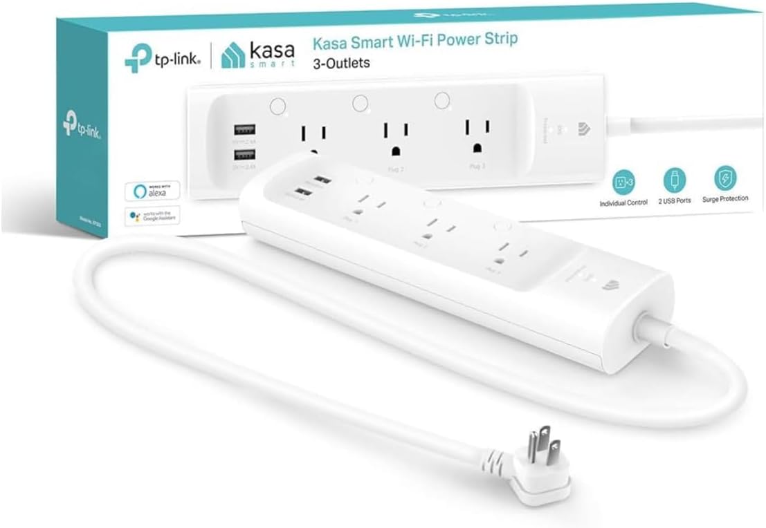 TP-Link Kasa WiFi Power Strip 3 outlets with 2 USB Ports, equipped with ETL certified surge protection shields, control from anywhere, voice control, no hub required (KP303)