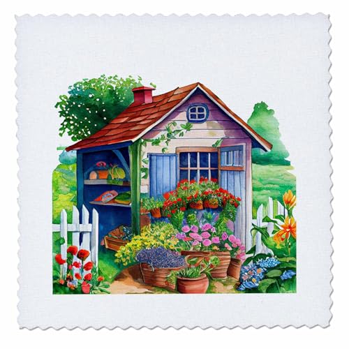 3dRose Pretty Image of Watercolor Gardening Shed 25x25 inch Quilt Square