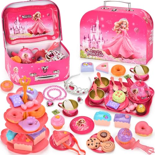 Lajeje Tea Party Set for Little Girls, Pretend Tin Teapot Set, Princess Tea Time Play Kitchen Toy with Cups, Plates and Accessories for Birthday Easter Gifts Kids Toddlers Age 3 4 5 6
