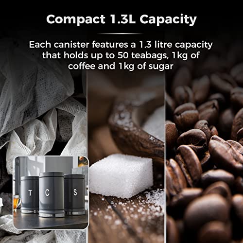 Tower Belle Set of 3 Canisters, Tea/Coffee/Sugar Storage, Graphite, Steel, Grey - Cosy Home Interiors Tower Belle Set of 3 Canisters, Tea/Coffee/Sugar Storage, Graphite, Steel, Grey - Image 3