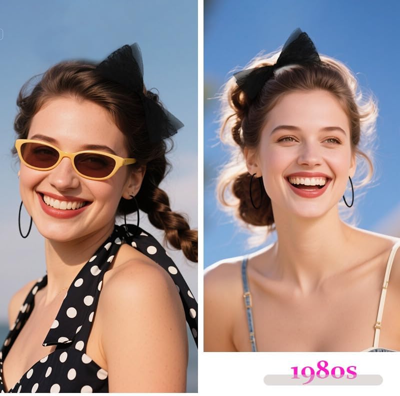 Miniatura 6 de Accesorios de los años 80 para mujer, diadema de lazo de encaje de los años 80 y aretes de neón para mujer, trajes retro vintage de los años 80 para