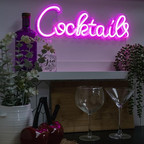 Image of Bright Neon Pink Cocktail Sign - USB-Powered 16.5 inch LED Neon Wall Decor for Home Bar, Man Cave, Tiki Lounge, Party Room, or Kitchen - Includes 79 inch Cable, Easy Installation