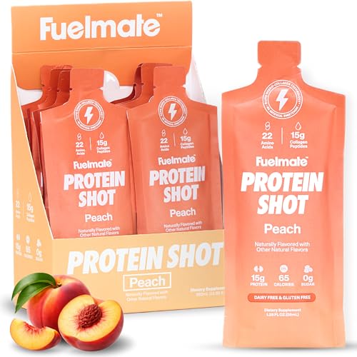 FUELMATE Peach Liquid Collagen Easy Protein Shots - 15g Protein + 22 Amino Acids - Hydrolyzed Bovine Collagen Peptides for Recovery Skin Hair & Joints - 10 x 1.29oz - Sugar Dairy & Gluten Free