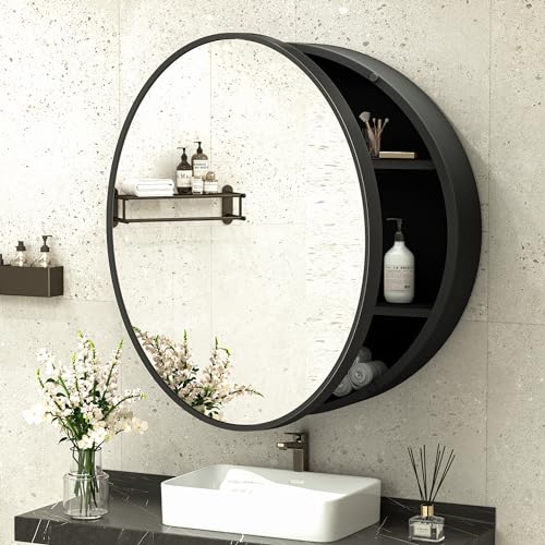 Image of TokeShimi 28 in Circle Medicine Cabinet for Bathroom, Smooth Piano Hinge