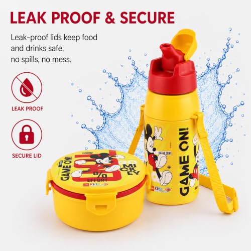 Image of CELLO Kidzbee Star Gift Set Combo for School Kids, Yellow | 3D Touch & Feel Mickey Design Airtight Clip Lock Insulated Lunch Box 390ml with Leak Proof Flip Top Sipper Water Bottle for Kids Boys Girls
