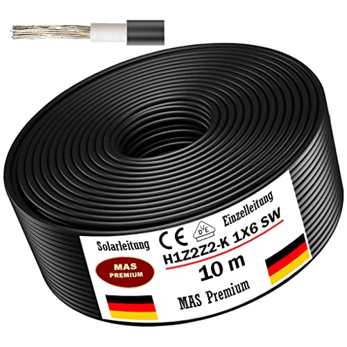 Solarleitung H1Z2Z2-K 4 6 oder 10 mm Von 5 bis 200m Solarkabel Schwarz Rot oder Blau Erdverlegbare Einzelleitung Photovoltaik Halogenfrei Doppelt isoliert (H1Z2Z2-K 6 Schwarz 10m)