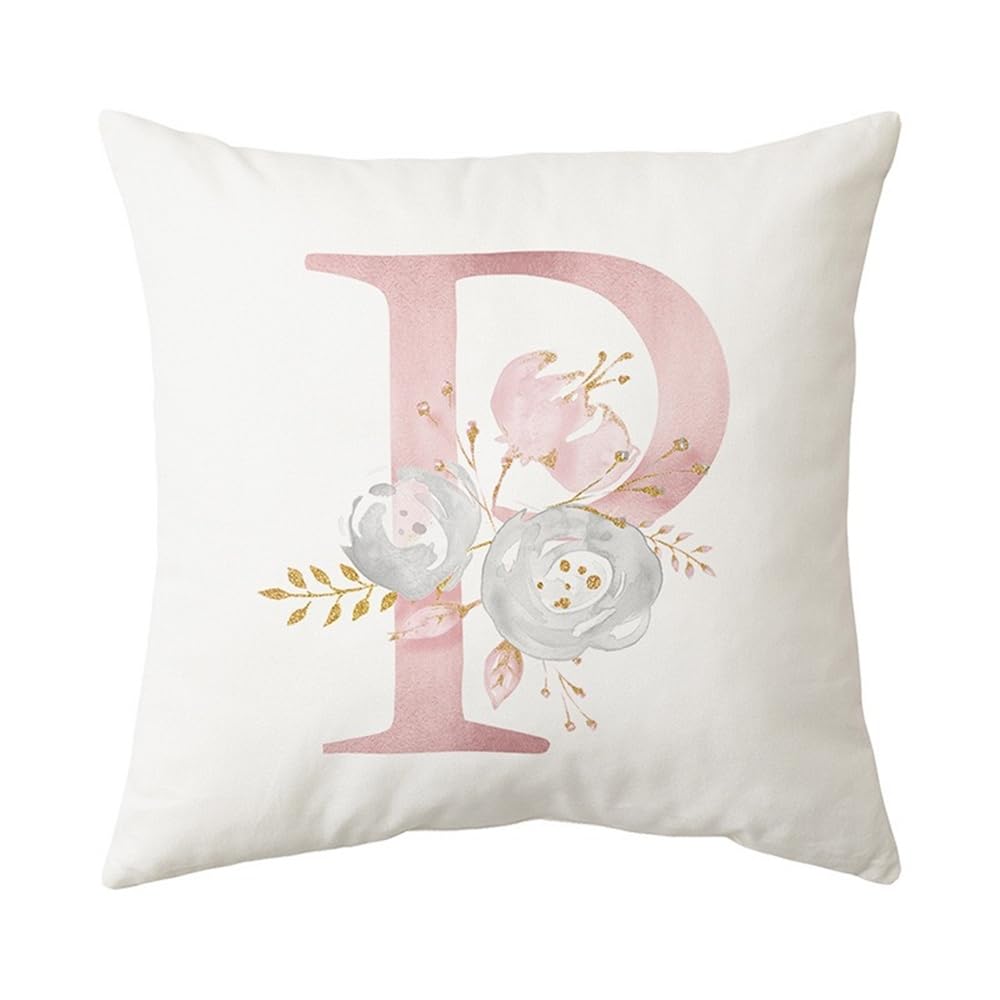 PRK 14 White Cushion Covers - Letter P Pillow Case, Cute Floral Alphabet Decorative Throw Square Protectors for Sofa, Couch, Bedroom, Chair - 45cm x 45cm