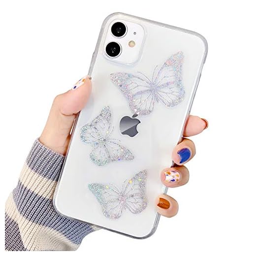 Compatible with iPhone 13 Case [Not Fit 13 Pro] for Women Girls, Butterfly Pattern Clear Design Transparent Hard Back Case with TPU Bumper Protective Case Glitter Cover for iPhone 13 6.1''-Butterfly