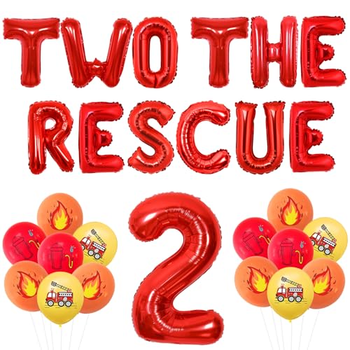 Wonmelody Fire Truck 2nd Birthday Decor Set With Red Number 2 Foil Balloon Two The Rescue Balloon Flame And Fire Truck Latex Balloons, Great For 2nd Kids Birthday Party Scene Setup