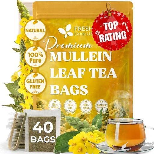 FreshDrinkUS, Premium 40 Mullein Leaf Tea For Lungs, Great Lung Detox For Smokers, Handmade, 100% Natural & Pure, No Sugar, No Caffeine, No Gluten, Vegan