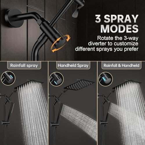 Image of Veken All Metal 10 inch Black Shower Head with Handheld, Luxurious Square Double Rain Shower Heads with Power Wash Hand Held,Dual High Pressure Detachable Rainfall Showerhead with Arm,Bathroom,Matte Black