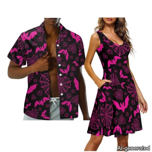 Image of Dreaweet Summer Dresses for Women A-Line Sleeveless Flowy Sun Dresses,Men's Casual Button-Down Shirts,Couple Matching Outfits