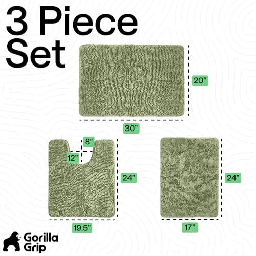 Image of GORILLA GRIP Bathroom Rug Sets 3 Piece, Bath Mat Set and Oval Toilet Base with Rubber Backing, Plush Absorbent Shaggy Chenille Washable Mats, Includes 24x19.5, 24x17 and 30x20 Inch Rugs, Sage