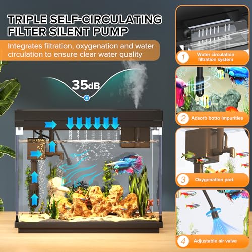 Image of Vehipa Fish Tank, 2 Gallon Fish Aquarium, Fish Tank Starter kit with 3 in 1 Quiet Pump Smart Humidifier, Temperature Display, 7-Color Lighting (Black)