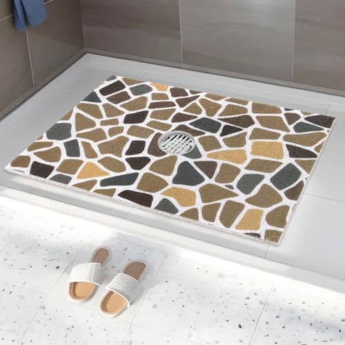 Image of Square Shower Mat Non Slip: 32 x 24 Inch Extra Large Shower Mats with Drain Hole in Middle - PVC Loofah Anti Slip Shower Floor Matt for Inside Shower