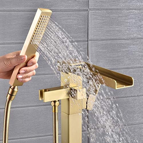 SHAMANDA Luxury Freestanding Bathtub Faucet Single Handle Waterfall Tub Filler with Handheld Shower Brushed Gold, Floor Mounted, FL701-3