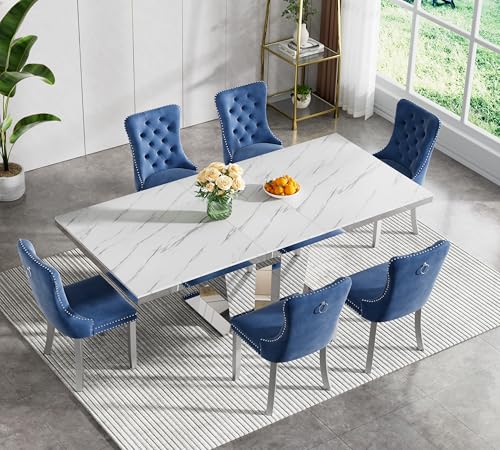 Image of 7-Piece Extendable Dining Table Set for 6, Modern 63 inch-94 inch White Faux Marble Expandable Kitchen Table Set with 6 Velvet Chairs, Large Extendable Dining Room Tables with Mirrored Columnar Base