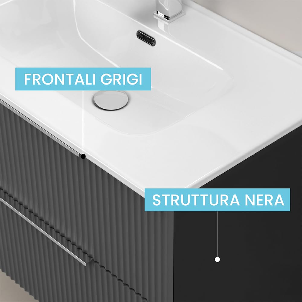 Inbagno Mobile Bagno Sospeso L 80 Cm – Grigio Cannettato E Profili Neri – Con 2 Cassetti Soft Close, Lavabo E Specchio Tondo - Linea Zena