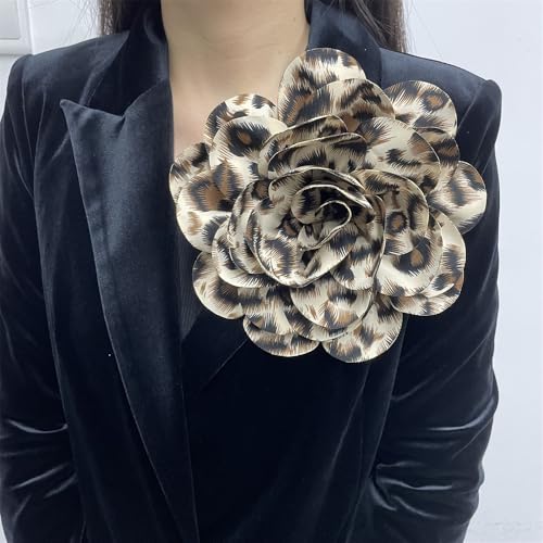 Image of Dainty Fabric Leopard Rose Flower Large Brooch Lapel Pins Handmade Big Flower Brooches Pin Classic for Women Wedding Party Dance Banquet Dress Suit Clothes Accessories Jewelry Gifts 190mm