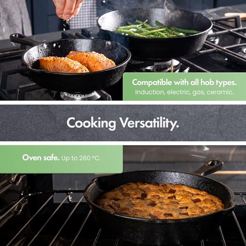 VonShef Cast Iron Skillet Pan Set, 3pc Pre-Seasoned Non-Stick Heavy Duty Frying Pan Set, Oven Safe Grill Pans Suitable for All Hob Types, 6", 8", 10" - Image 6