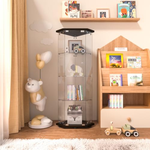 Image of LFT HUIMEI2Y 4-Tier Glass Corner Cabinet with Lock, Display Case Black