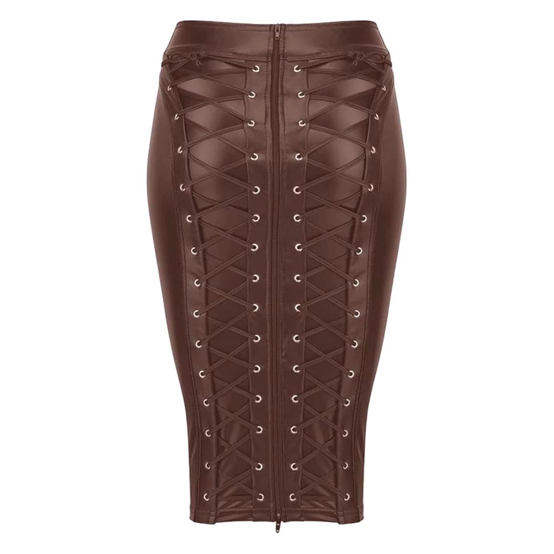 Women Leather Skirt Lace Up Zipper Pencil Skirt Dress