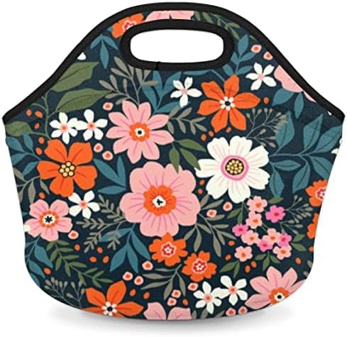QsirBC Bolsa de almuerzo de neopreno con diseño de flores dulces, portátil, reutilizable, aislada, para mujeres, hombres, adultos, trabajo, picnic,