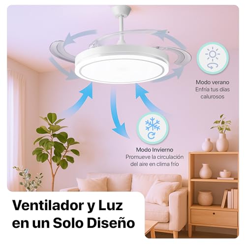 Miniatura 8 de Casa Shop Ventilador Techo Con Luz 66w Ventilador Invisible Ultra Silencioso Con Mando A Distancia Y Palas Retráctiles Interiores Plafón Lluminación Función Verano-Invierno Blanco Puro