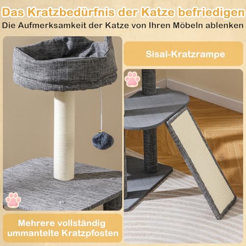GOPLUS Kratzbaum klein, 117 cm Katzenbaum mit Springplattformen, Katzenbett, Kratzsäulen, Ball & Höhle, mehrstockiger Katzenkratzbaum, Aktivitätszentrum für Katzen, Grau – Bild 3