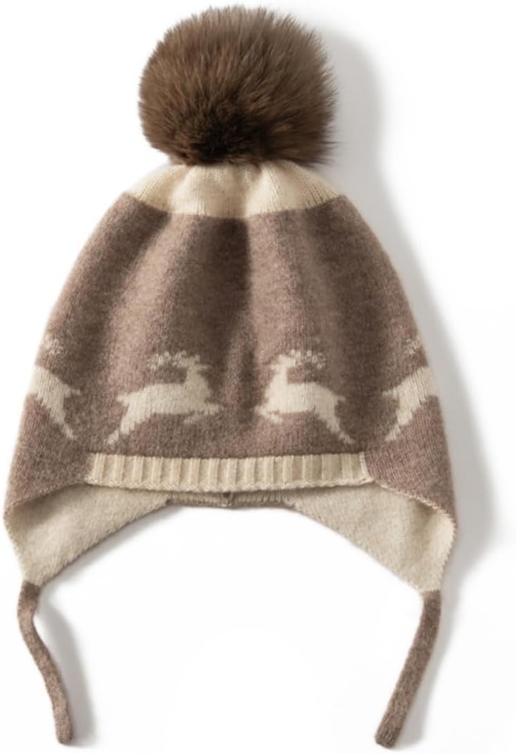 YUONNY 100% Cashmere Knitted Earflap Hat for 3-8 Years Kids Boys Girls, Winter Soft Warm Knit Pompom Beanie Hat, Gift