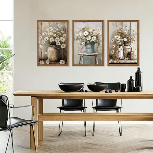 Image of DUWQU Triptych Rustic Farmhouse Daisy Framed Canvas Wall Art 20x30 inch x3