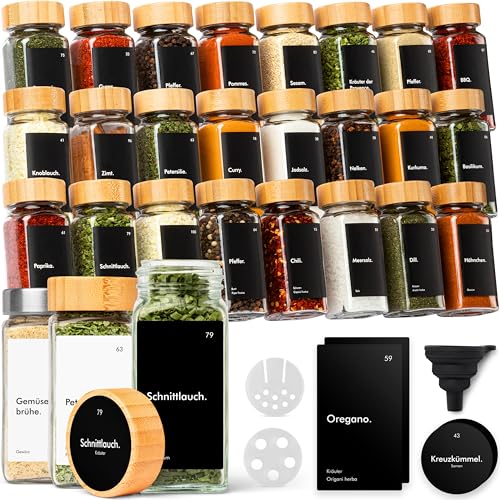 KIVY Gewürzgläser mit Streueinsatz [24x 120ml] + 240 Wasserfeste Label - Luftdichte Gewürzgläser eckig (Gewürzgläser Schwarz Bambusdeckel)