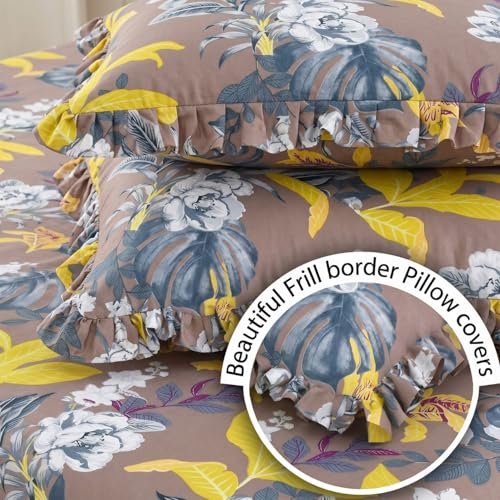 Image of Dream Weaverz- Polycotton Printed Double Bed Size Fitted Elastic Bedsheet,2 Pillow Cover,260 Thread (72 inch x 78 inchx7 inch) Home, Bedroom (Brown-Yellow, King)